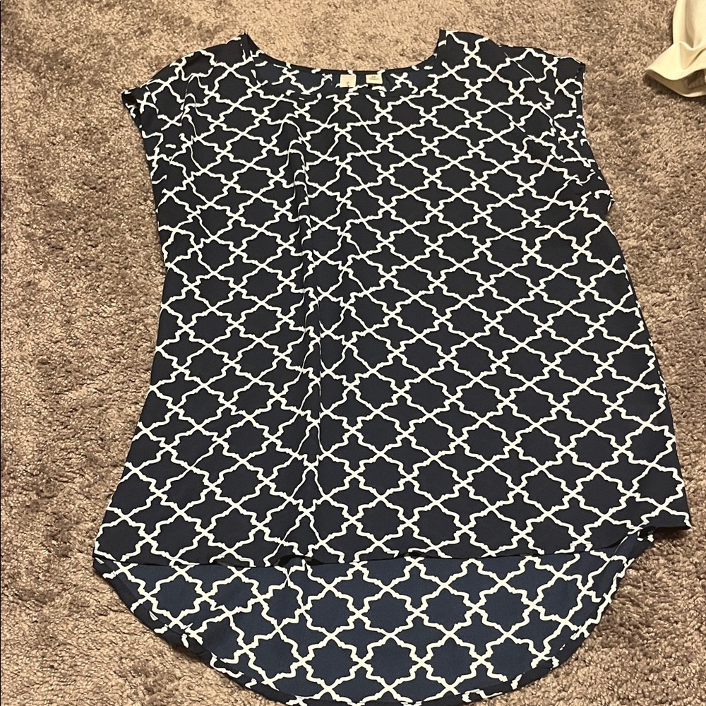 Tacera Navy and White Patterned Blouse